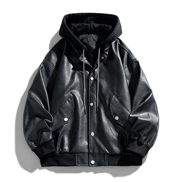 Layered Hooded Leather Flight Jacket
