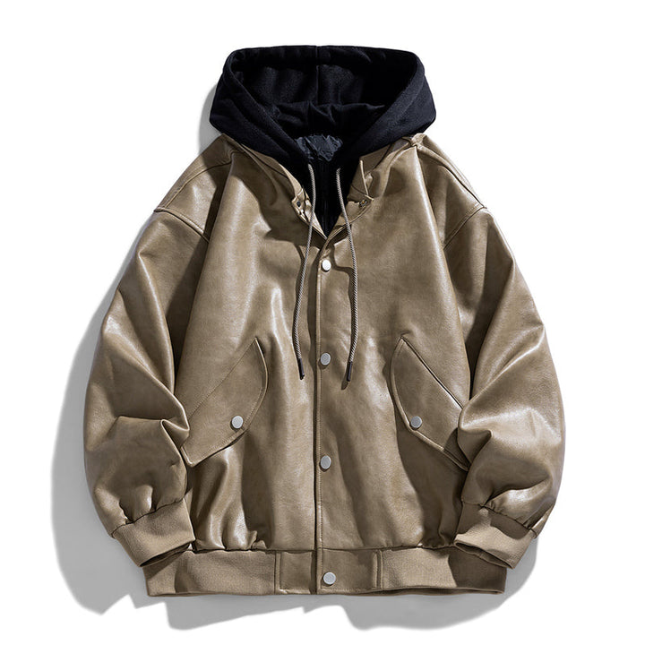 Layered Hooded Leather Flight Jacket