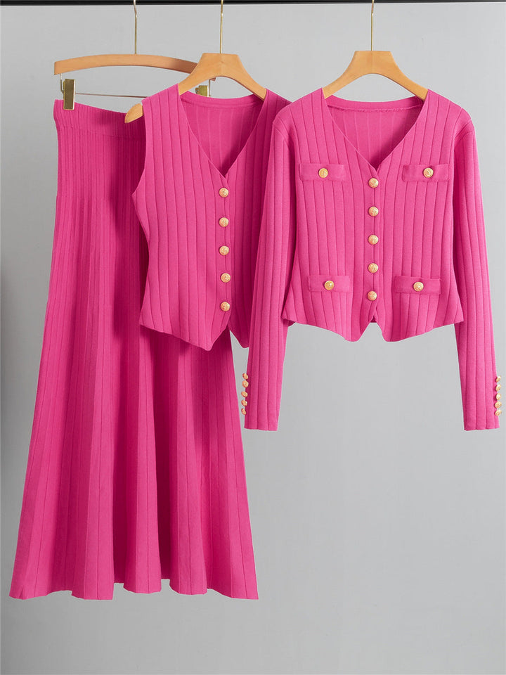 XANDY™ - Elegant V-Neck Buttoned Vest and High Waist Skirt