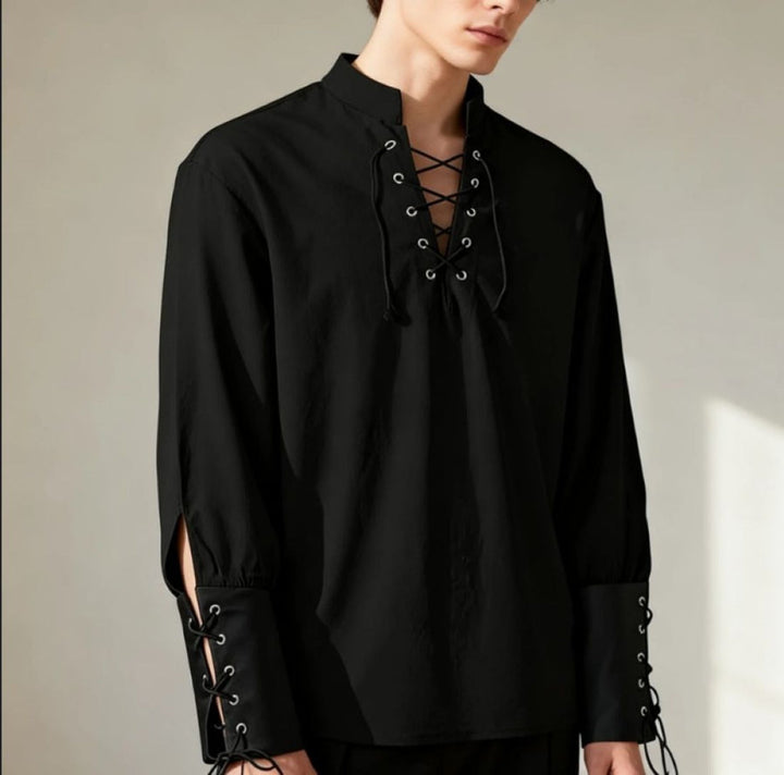 Renaissance-Inspired Laced Neckline Shirt