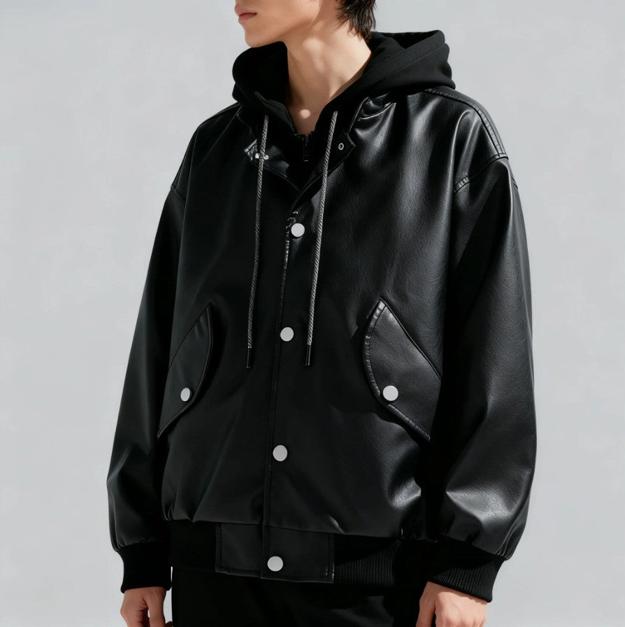 Layered Hooded Leather Flight Jacket