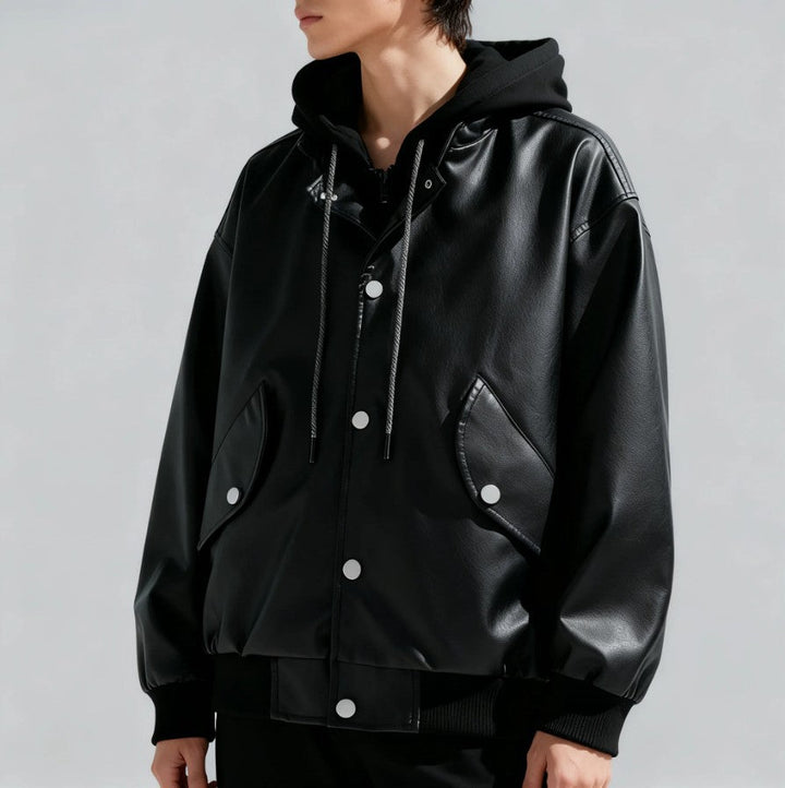 Layered Hooded Leather Flight Jacket