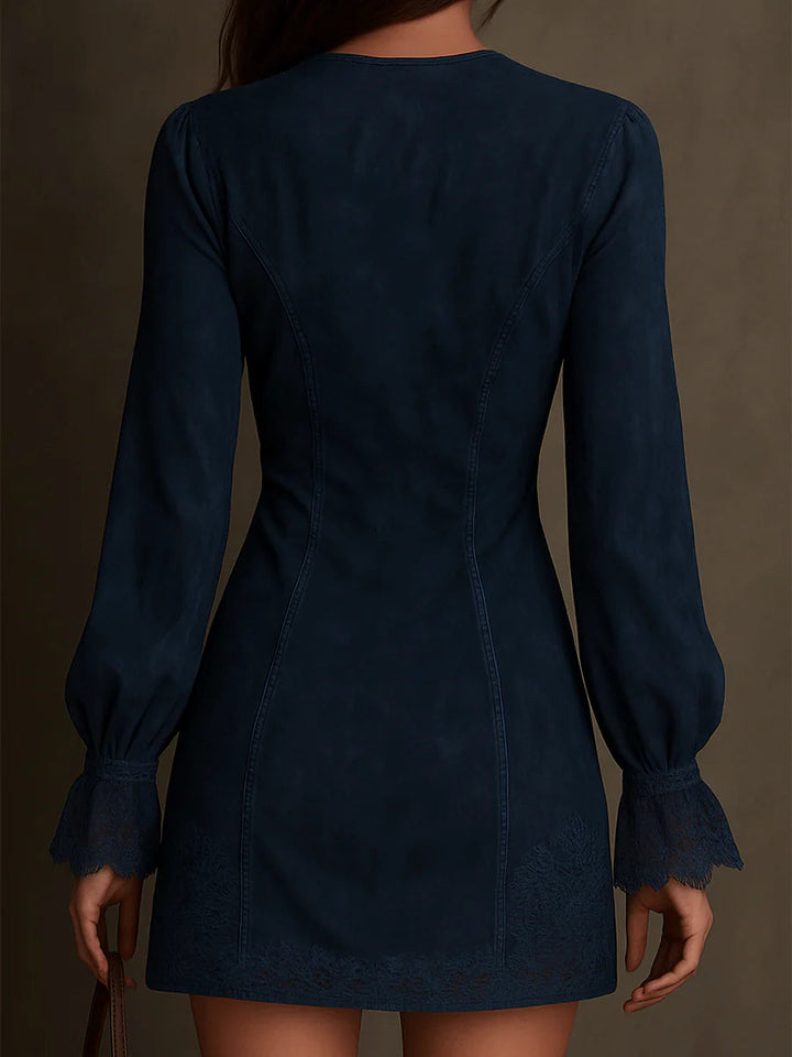 Eudora Vintage Blue Suede Lace Trim Mini Dress