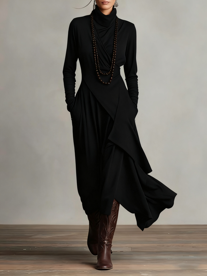 Lonnie | Elegant High-Neck Asymmetrical Draped Maxi Dress