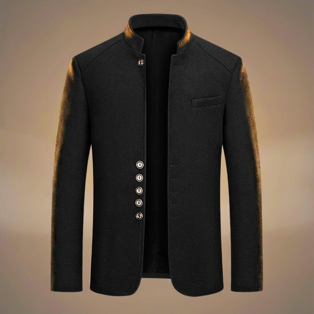 Architectural Wool Blazer with Military-Inspired Buttons