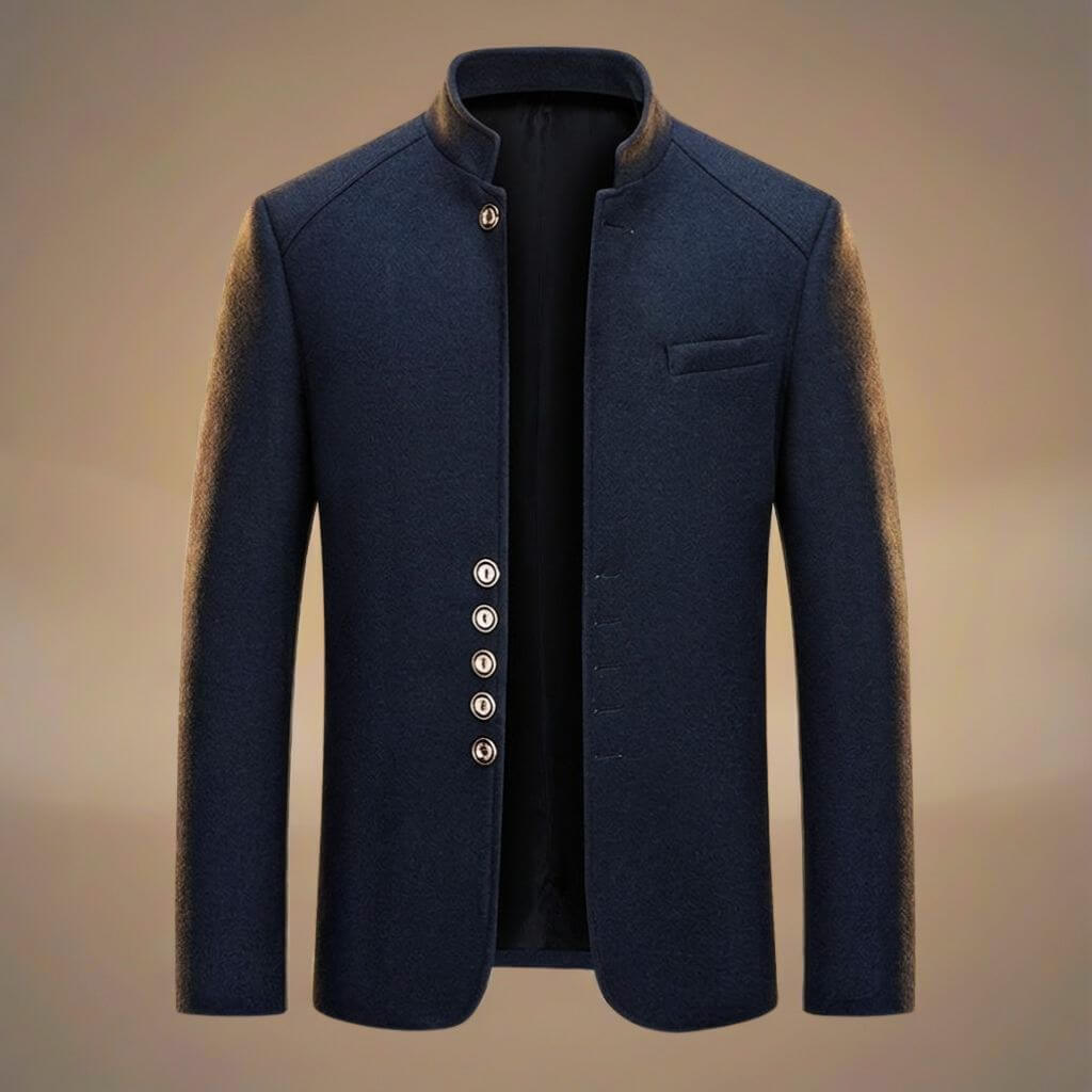 Architectural Wool Blazer with Military-Inspired Buttons