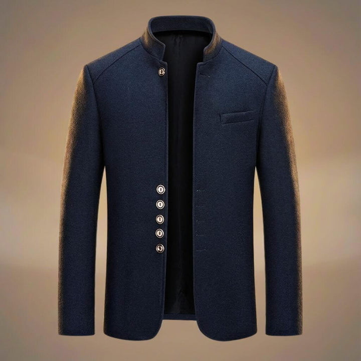 Architectural Wool Blazer with Military-Inspired Buttons