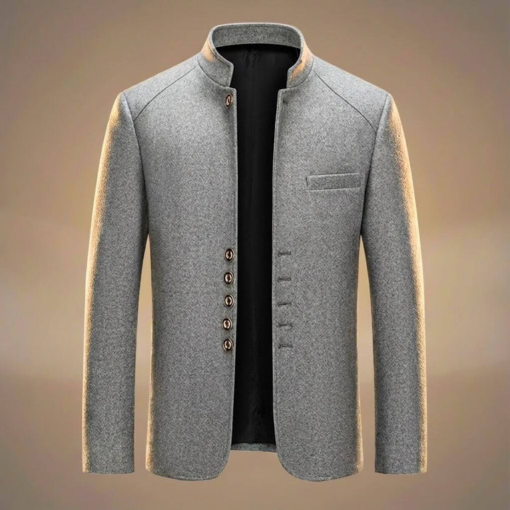 Architectural Wool Blazer with Military-Inspired Buttons