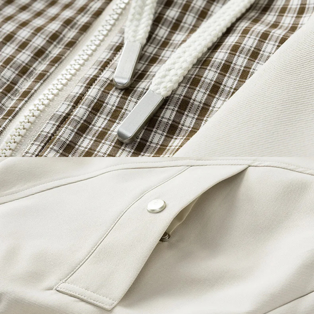 Oversized Bomber Jacket with Plaid Hood