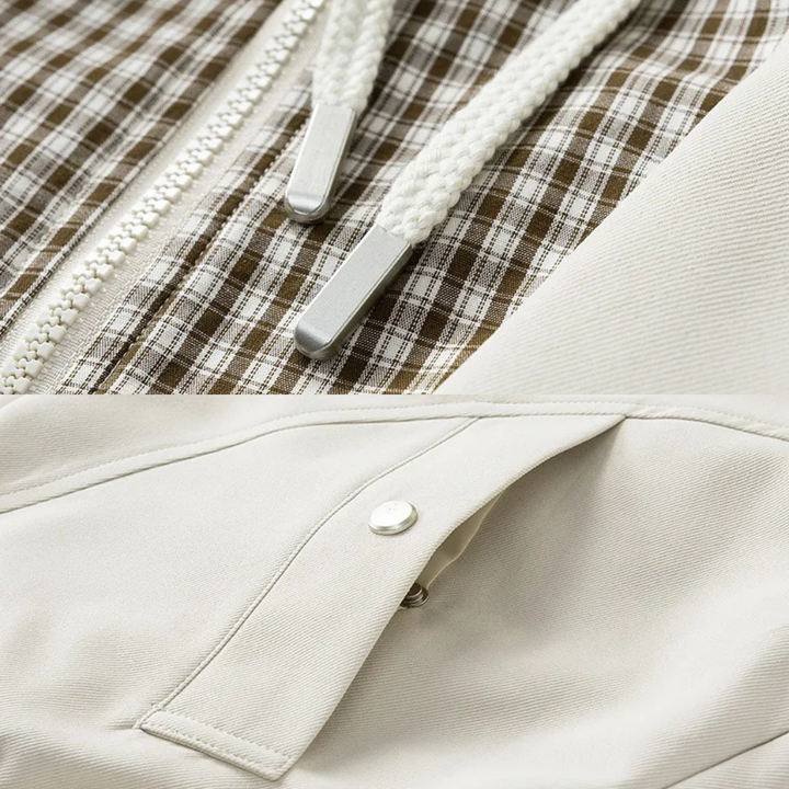 Oversized Bomber Jacket with Plaid Hood